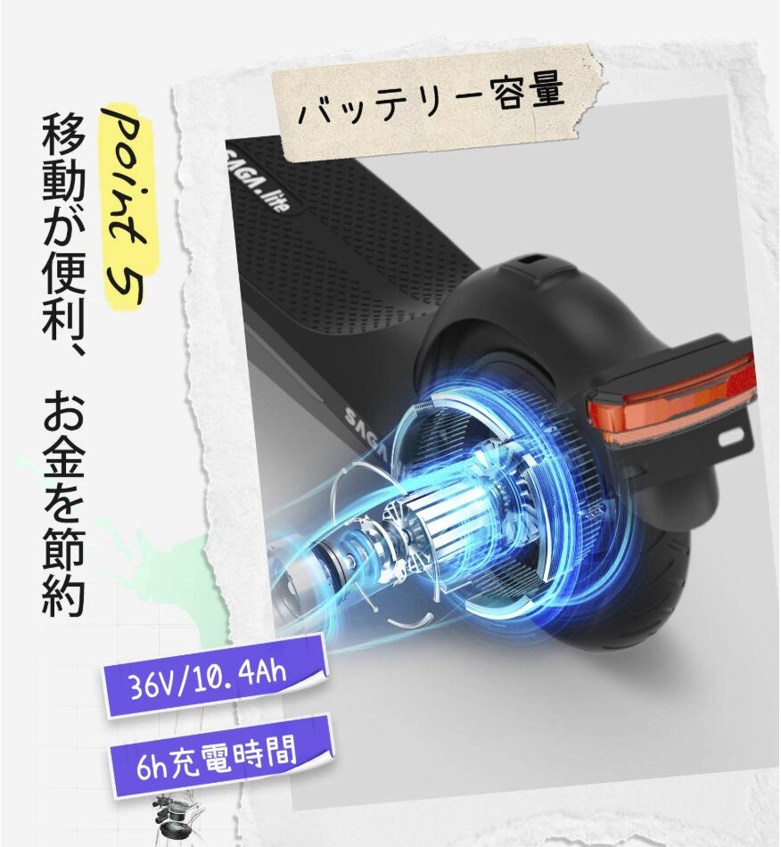 バッテリー容量と走行距離を示す電動キックボード