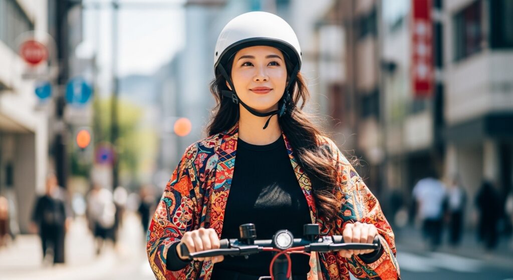 ヘルメットをかぶり電動キックボードに乗る女性