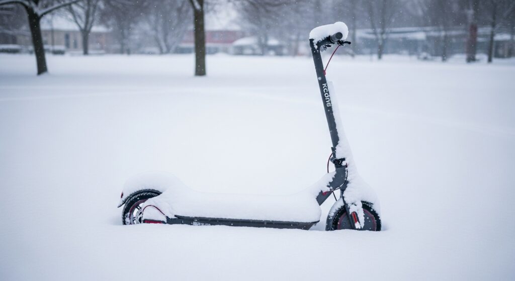 雪に覆われた電動キックスケーター
