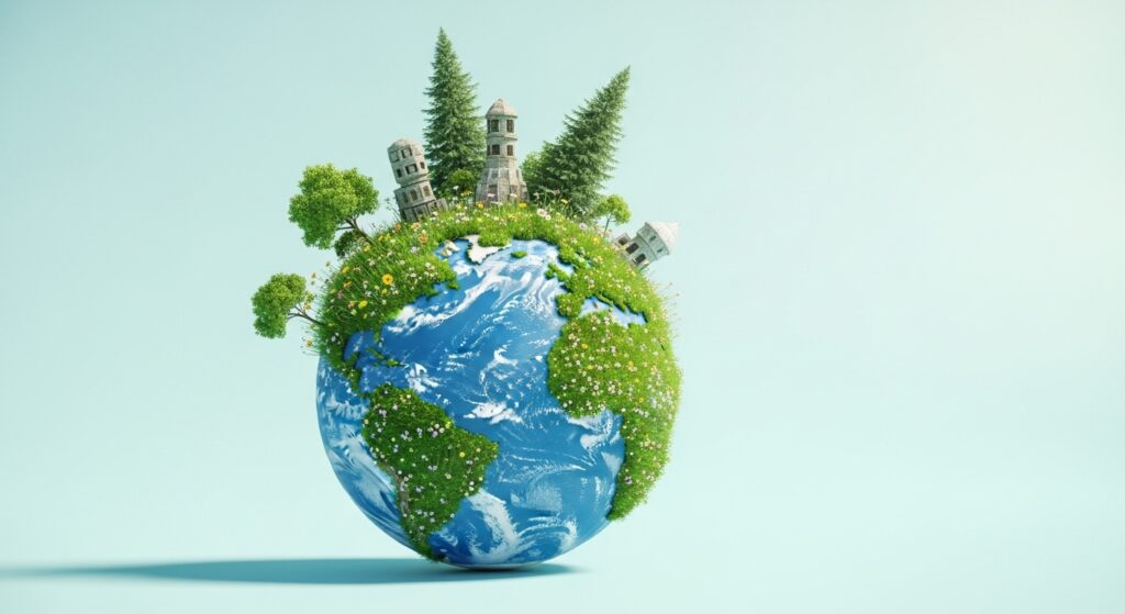 地球に草木と世界の建物が乗っているイメージ