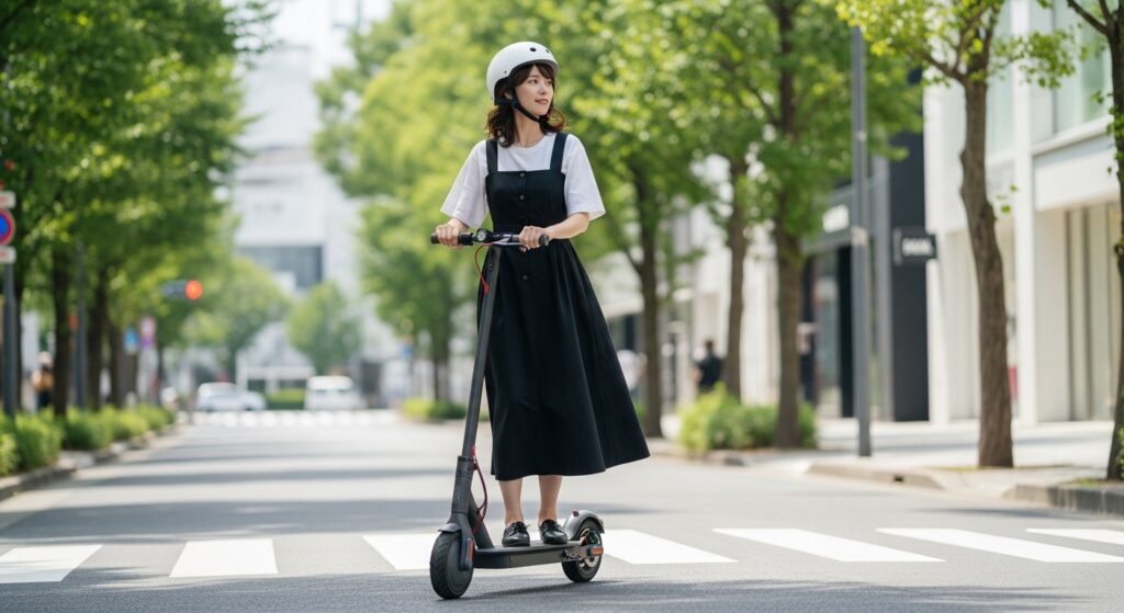 電動キックボードに乗るヘルメット姿の女性