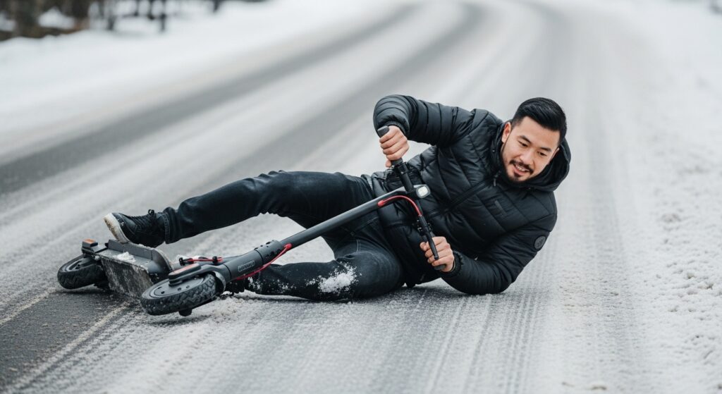 雪道で転倒した電動キックボードの男性