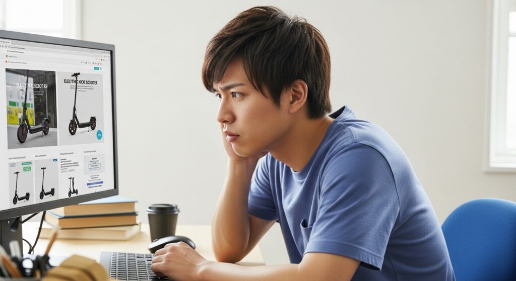 電動キックスクーターのサイトを閲覧する男性