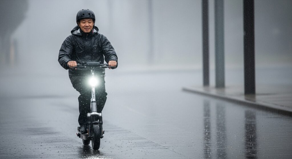 雨の中電動キックボードに乗る男性