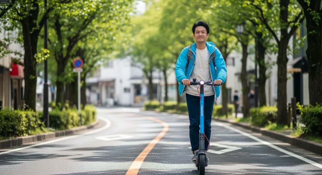電動キックボードに乗る笑顔の男性