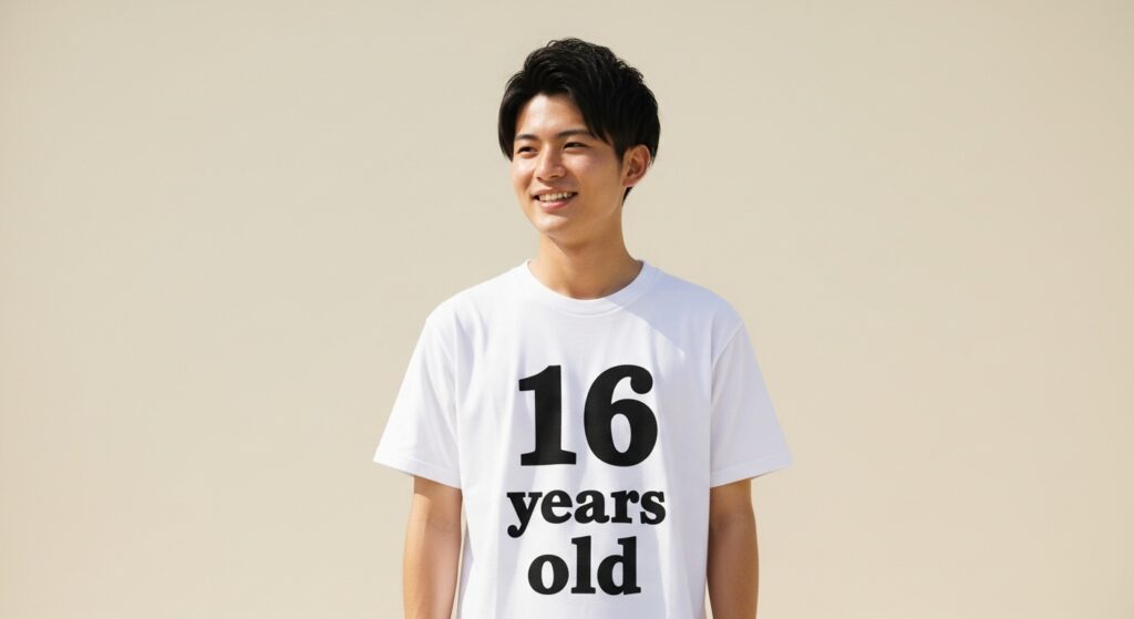 16歳の文字入りTシャツを着た笑顔の男性