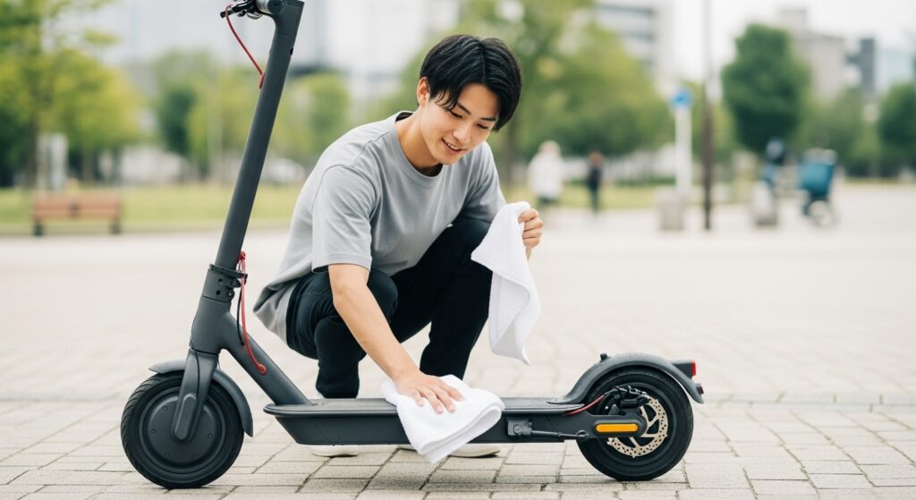 電動キックボードを掃除する男性