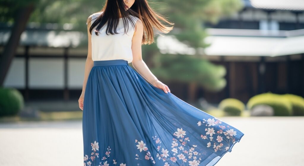 青い花柄スカートの女性