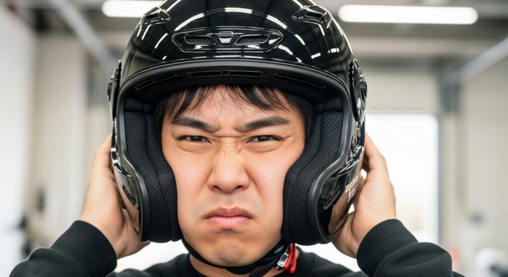 ヘルメットを被って顔をしかめる男性