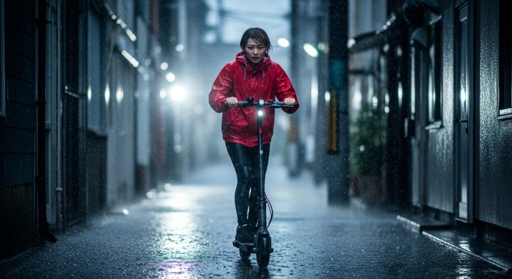 雨の中電動キックボードに乗る赤いジャケットの女性