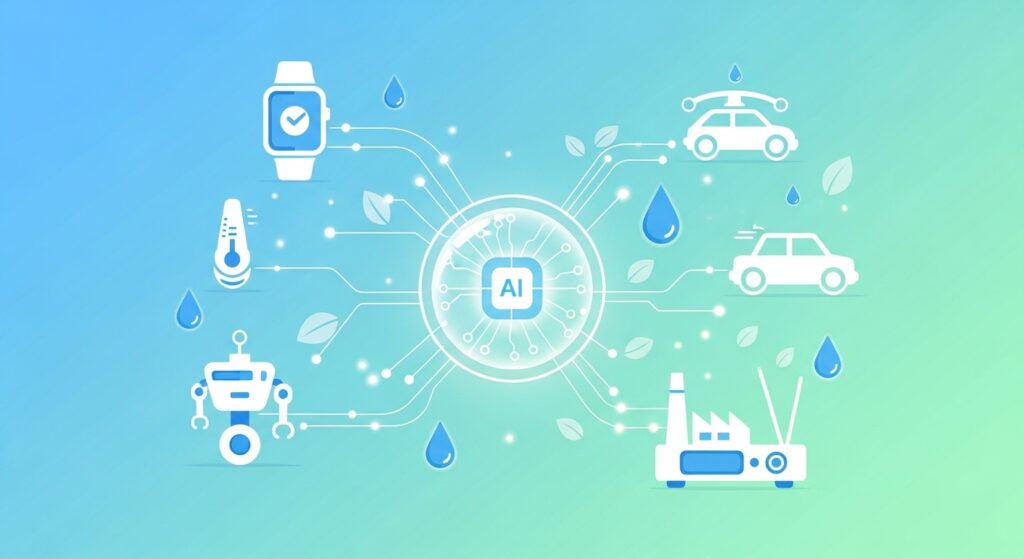 AI技術でつながるスマートウォッチや自動車のイラスト
