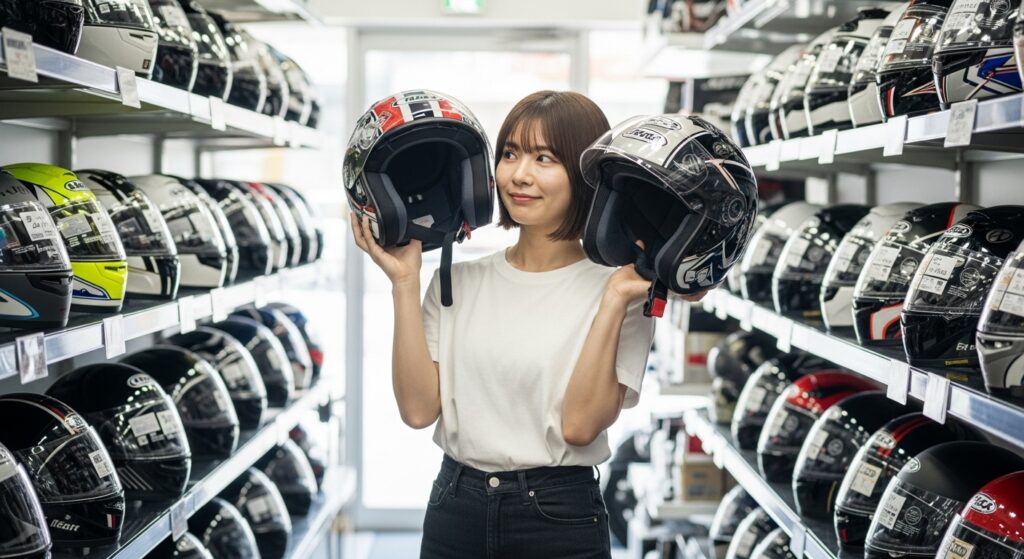 ヘルメットを選ぶ女性