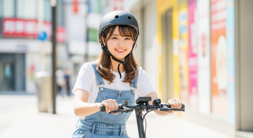 ヘルメットをかぶり電動キックボードに乗る笑顔の女性