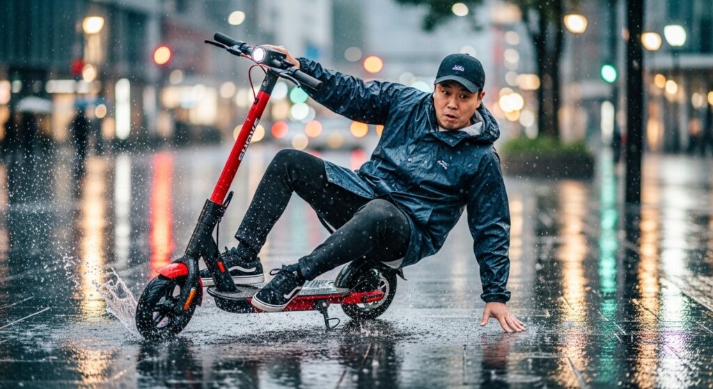雨の中電動キックボードでバランスを崩す男性