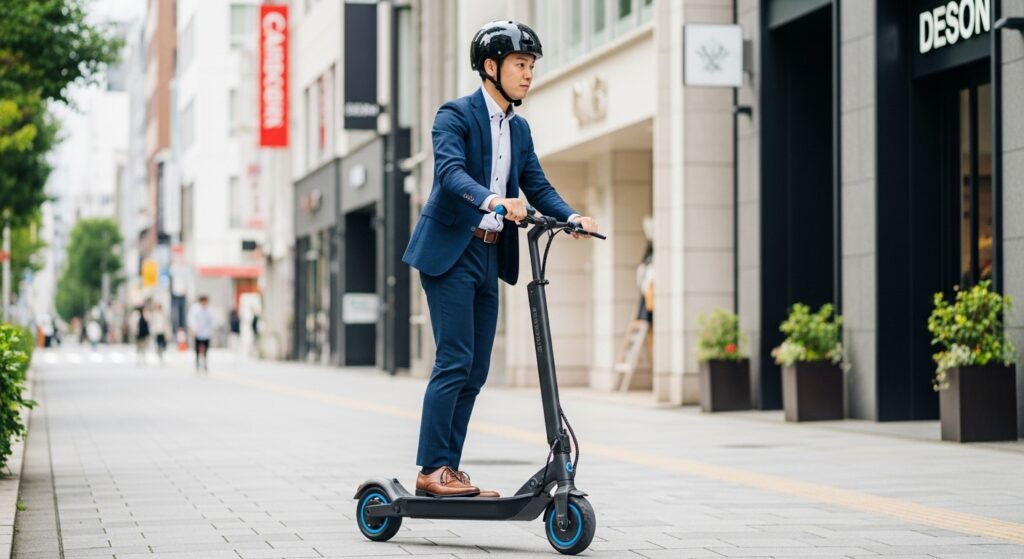 電動キックボードに乗るスーツ姿の男性