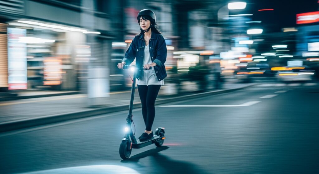 電動キックボードに乗るヘルメットをかぶった女性