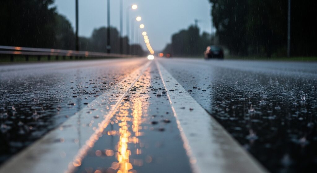 雨の日の道路に車のライトが反射している様子