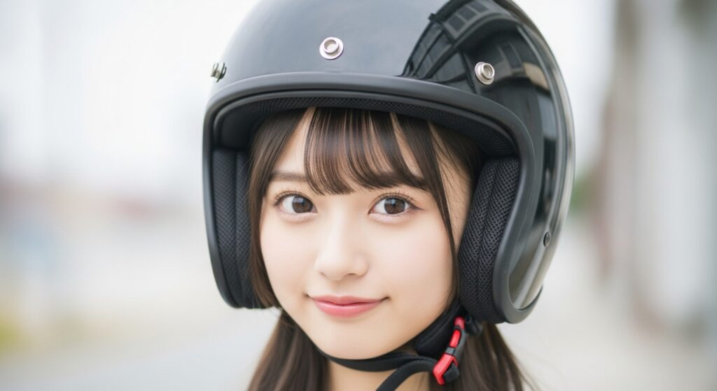 ヘルメットをかぶった女性の顔写真