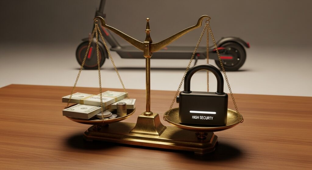 天秤ばかりの片方に現金とコイン、もう片方に鍵、背景に電動キックスケーター