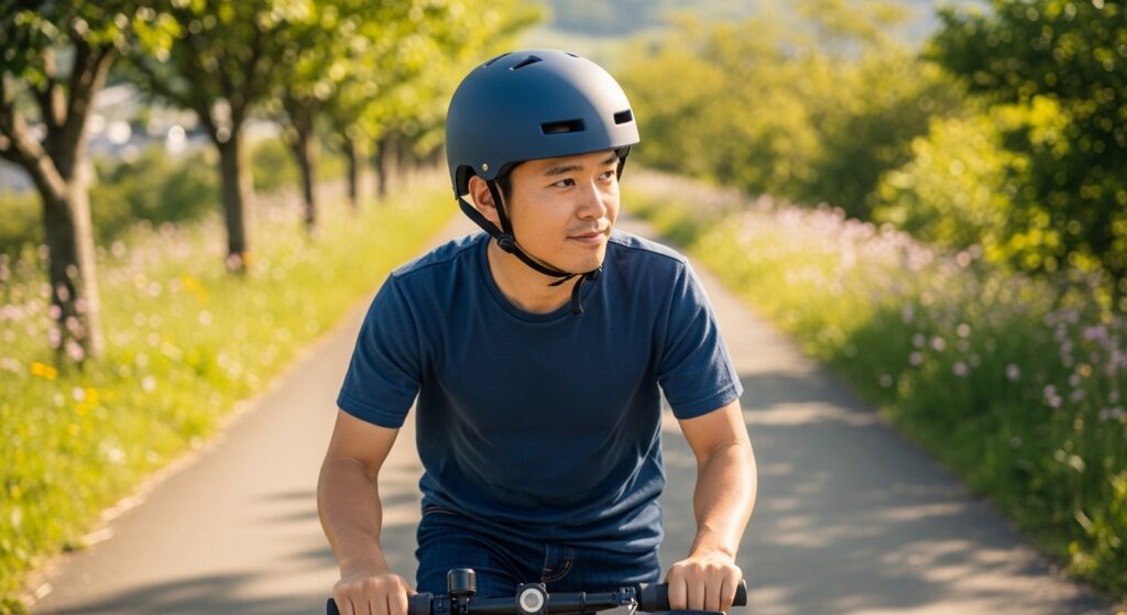 ヘルメットをかぶった男性が自転車に乗っている様子