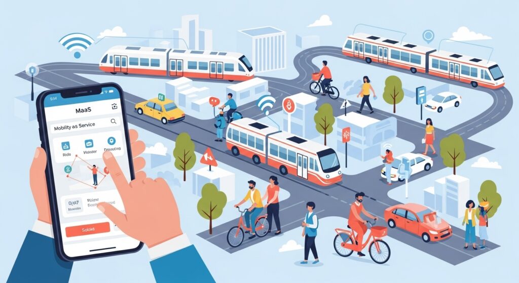 都市の交通手段をスマホアプリで選択している様子