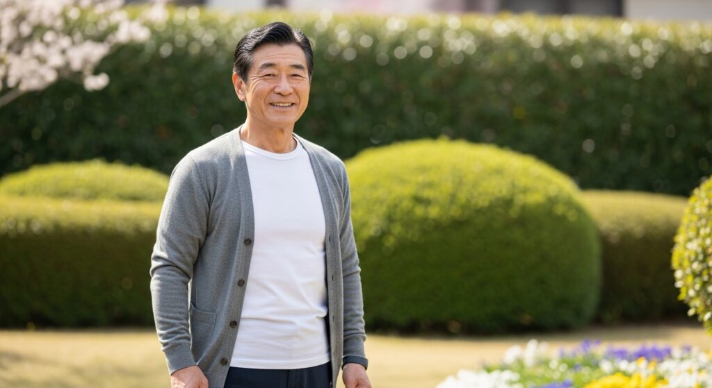 庭に立つ笑顔の男性