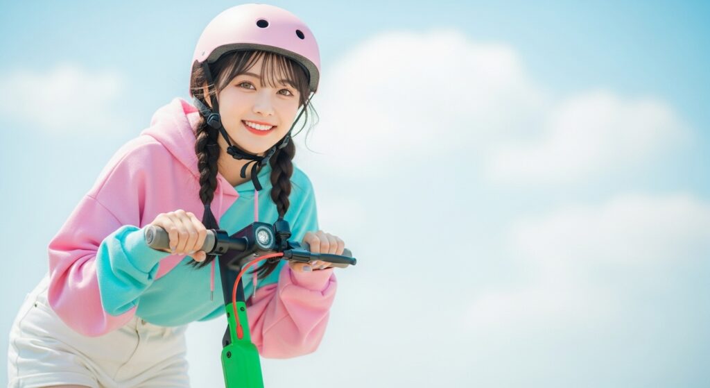 電動キックボードに乗るヘルメットをかぶった笑顔の女性