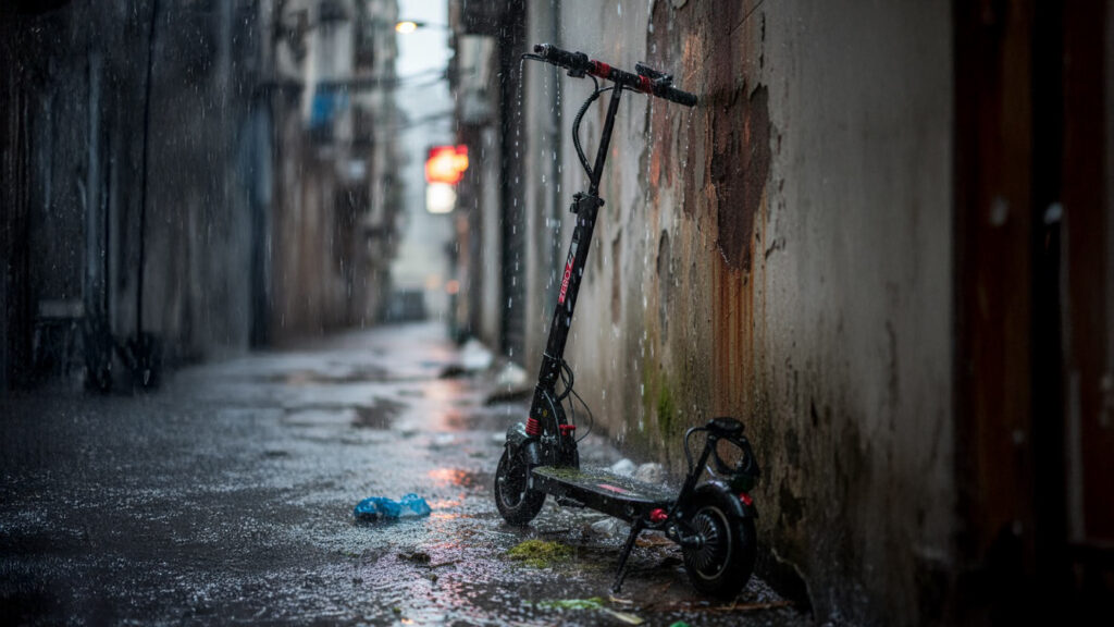 雨の路地に立つ電動キックスケーター