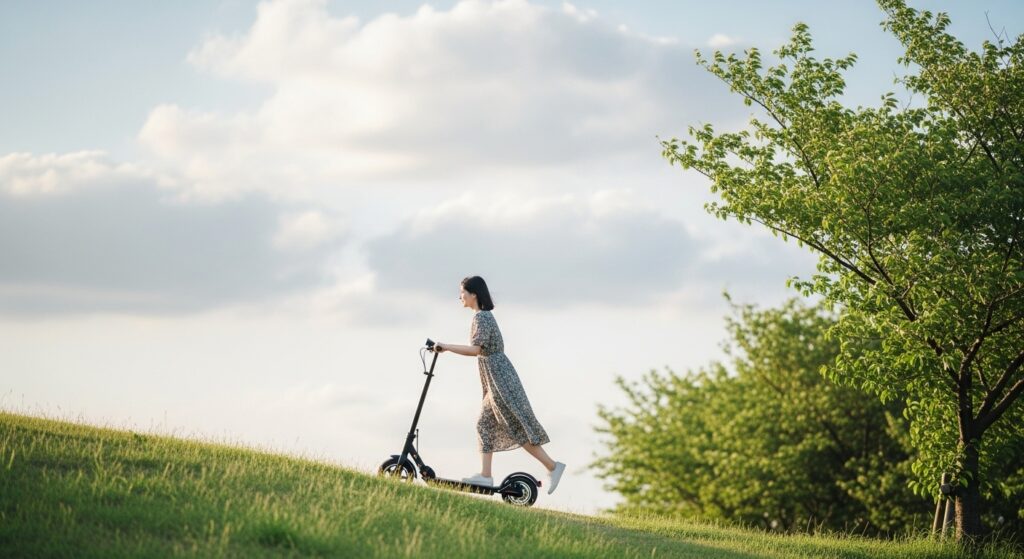 草原を電動キックボードで走る女性