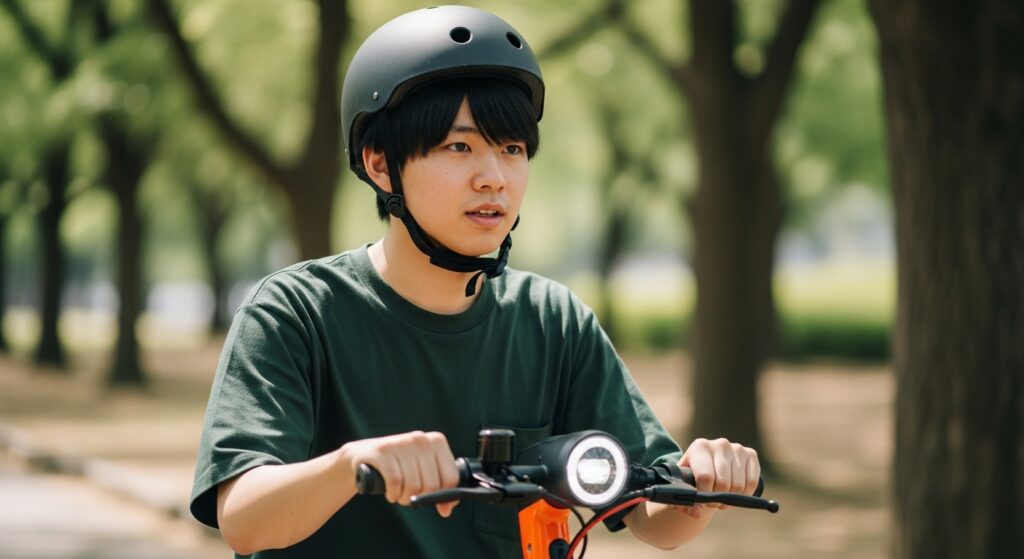 電動キックボードに乗るヘルメット姿の男性