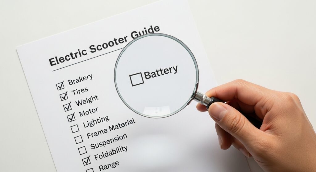 電動スクーターのチェックリストを虫眼鏡で見ている様子