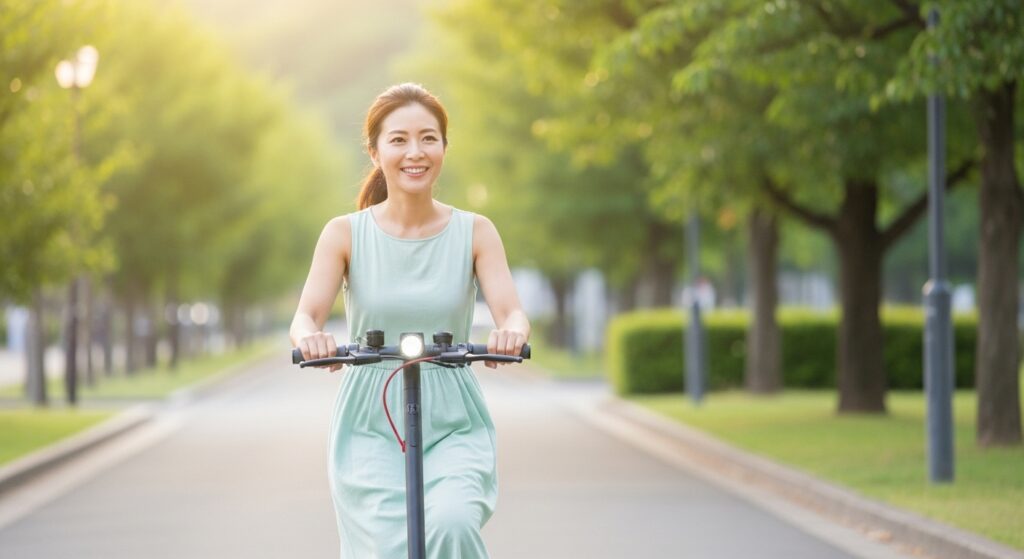 並木道を電動キックボードに乗る笑顔の女性