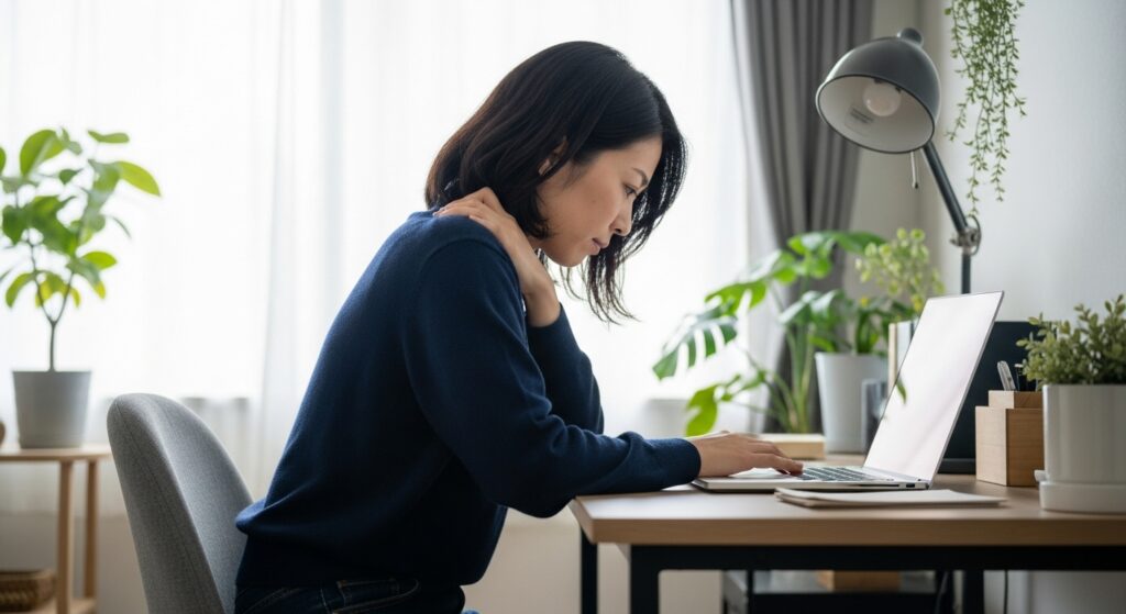 パソコン作業で首を痛める女性