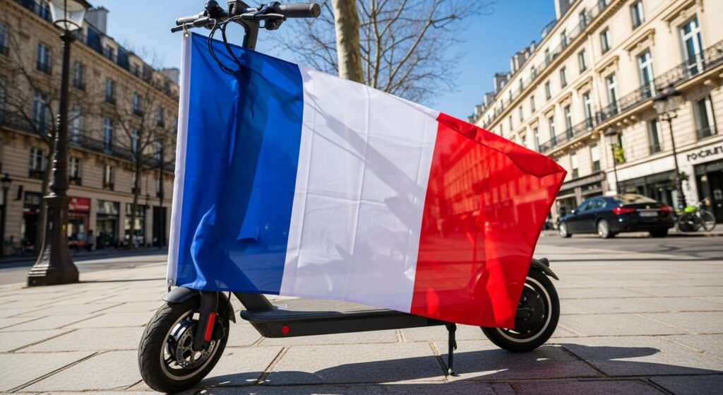 フランス国旗をつけた電動キックスケーター