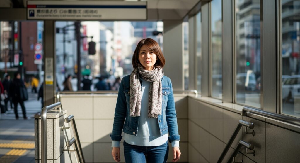 駅の階段に立つ女性