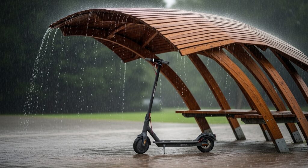 雨の日に屋根の下にとまっている電動キックボード