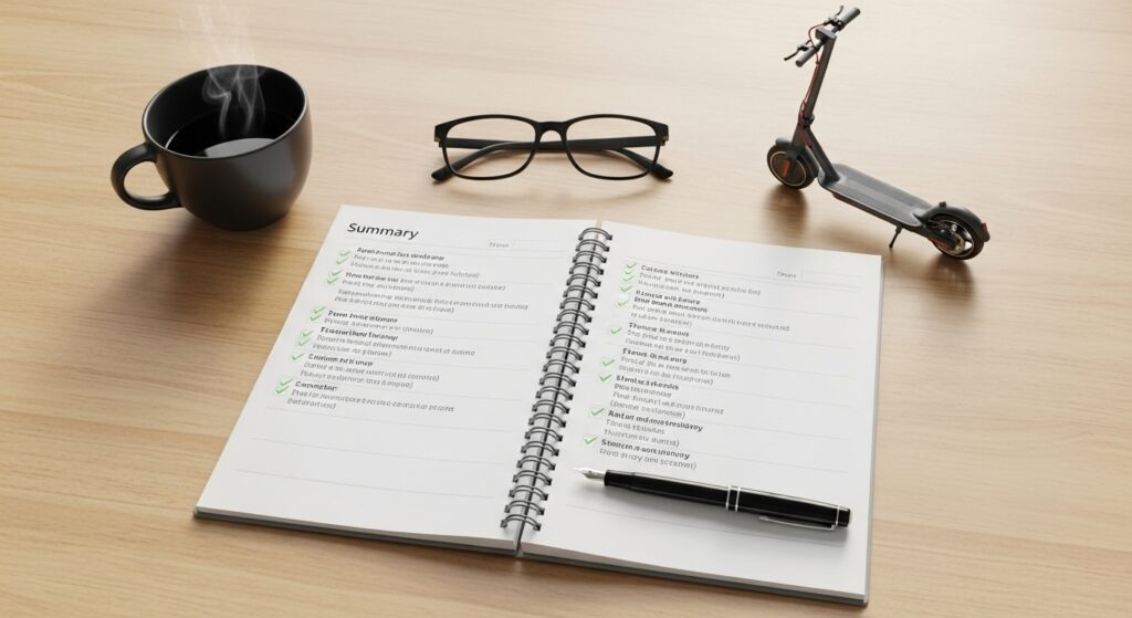 机の上のノートとコーヒーと眼鏡とキックスケーター