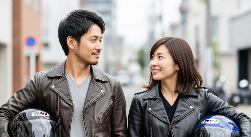 革ジャンを着て見つめ合う男女とヘルメット