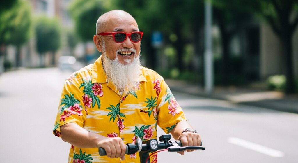 電動キックボードに乗るサングラスをかけた笑顔の男性