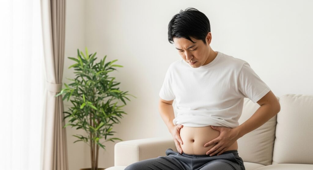 お腹が出ていることを気にする男性