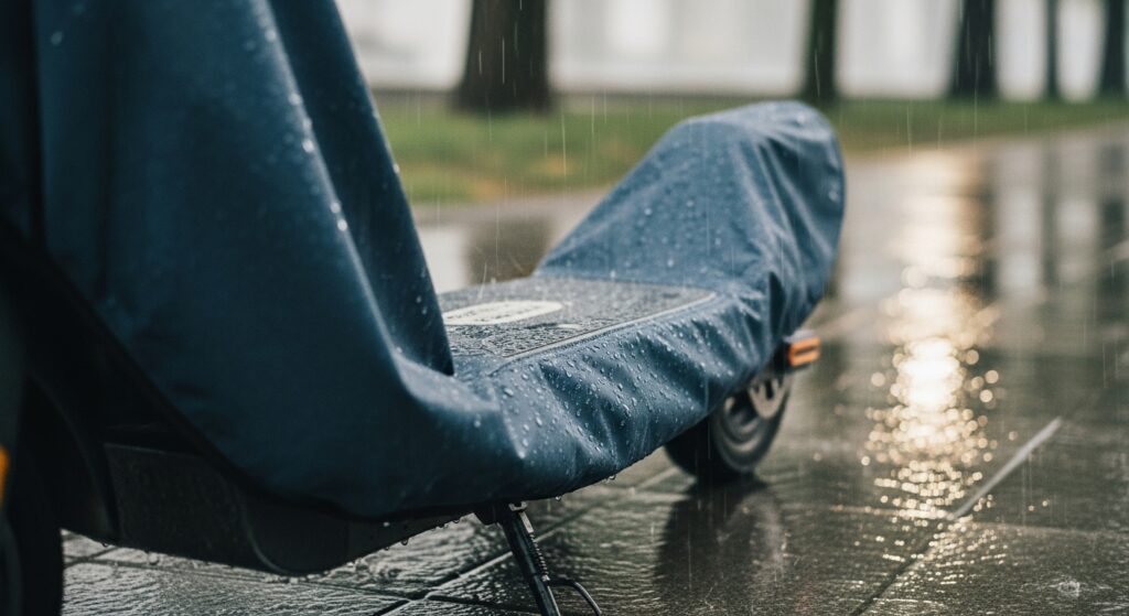 雨の中カバーされた電動キックボード