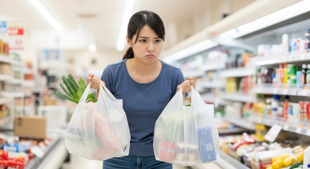 スーパーで買い物袋を両手に持ち困り顔の女性