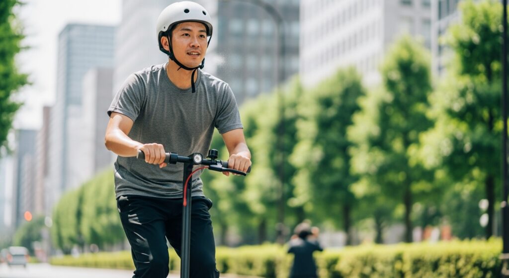 ヘルメットをかぶって電動キックボードに乗る男性