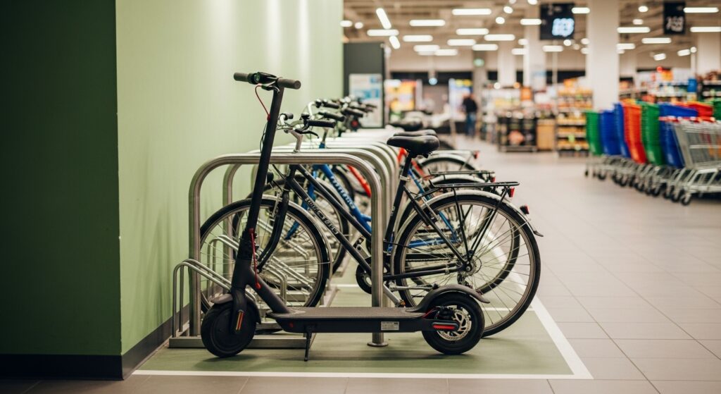 駐輪場にとまった電動キックボードと自転車