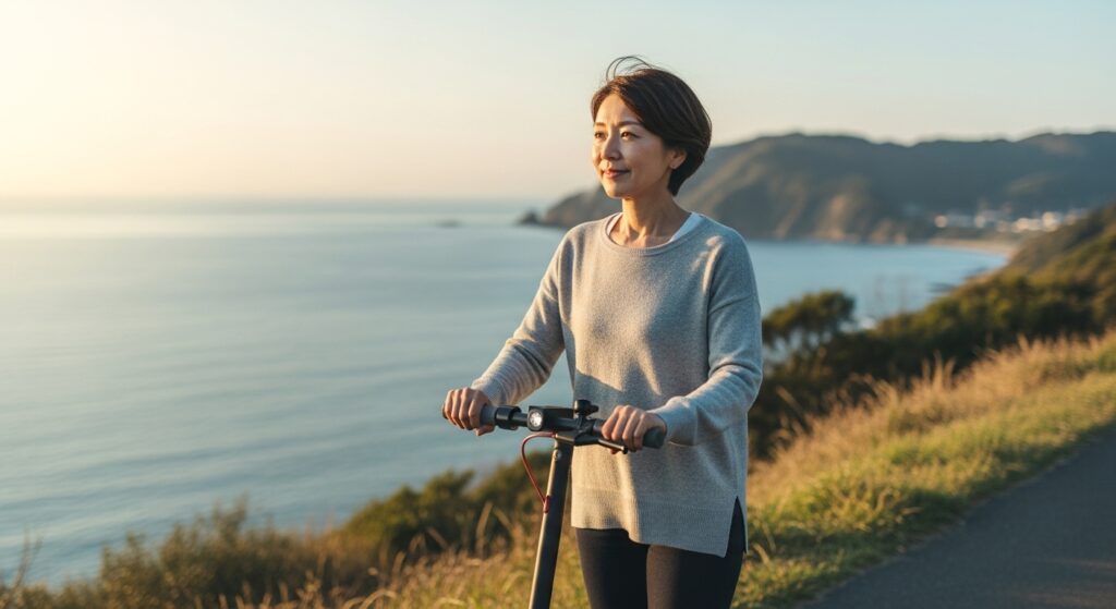 海を背景に電動キックボードに乗る女性