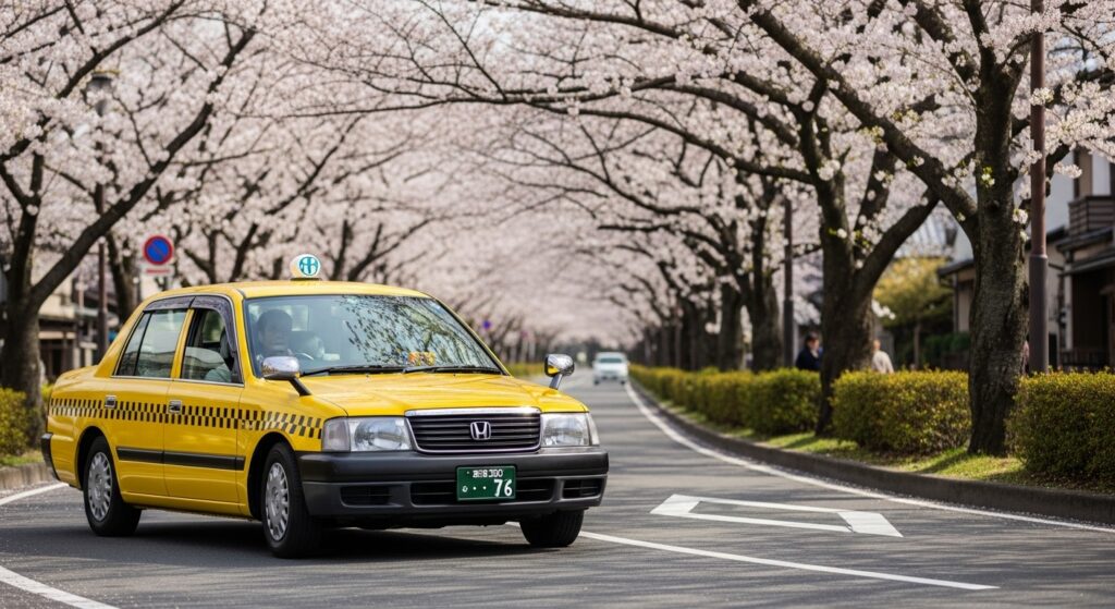 桜並木を走る黄色のタクシー