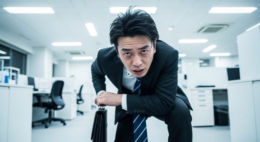 やつれた顔でこちらを見るスーツ姿の男性