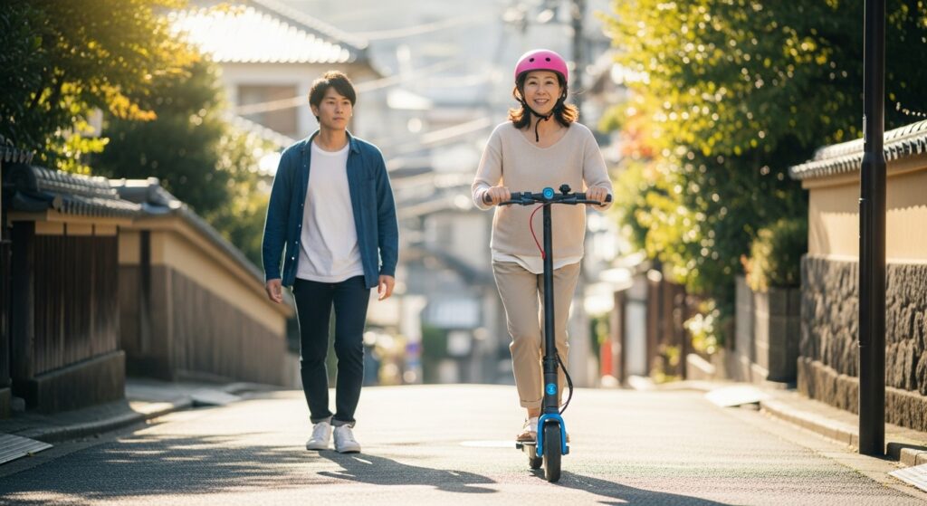 電動キックボードに乗る女性と歩く男性