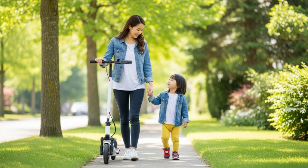 電動キックボードを持つ母親と手をつなぐ子供