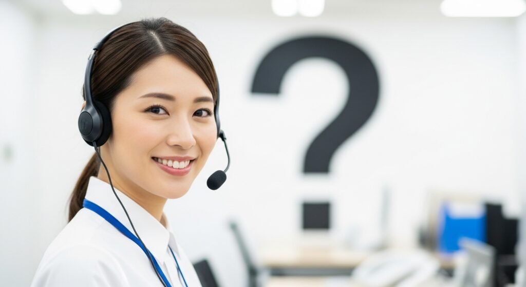 ヘッドセットを着けた笑顔の女性と疑問符